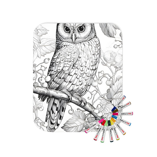 Detailed owl blanket design with intricate black and white drawing of an owl perched on a branch surrounded by leaves and berries