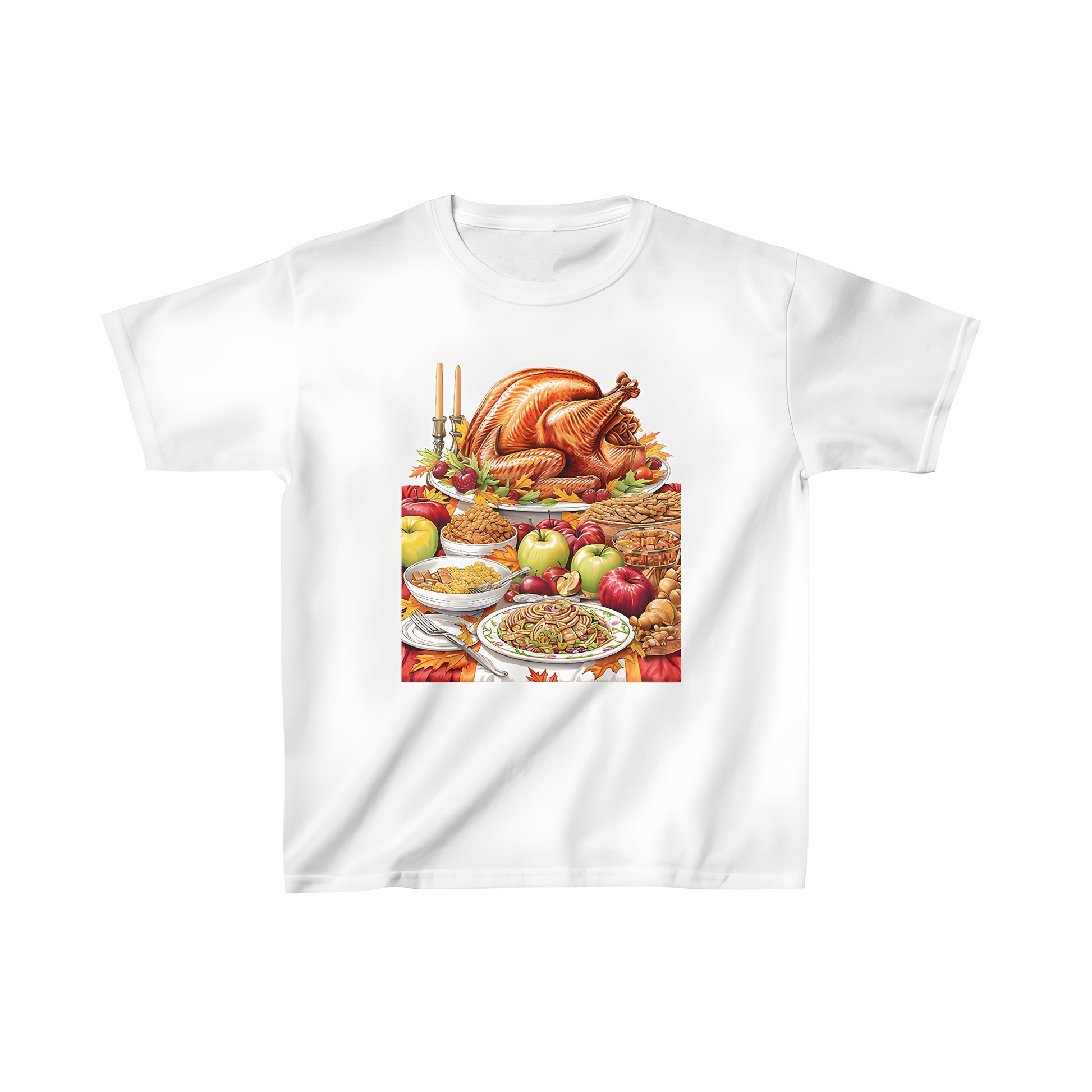 A vibrant Thanksgiving dinner setup print on a kid's t-shirt with festive dinner design