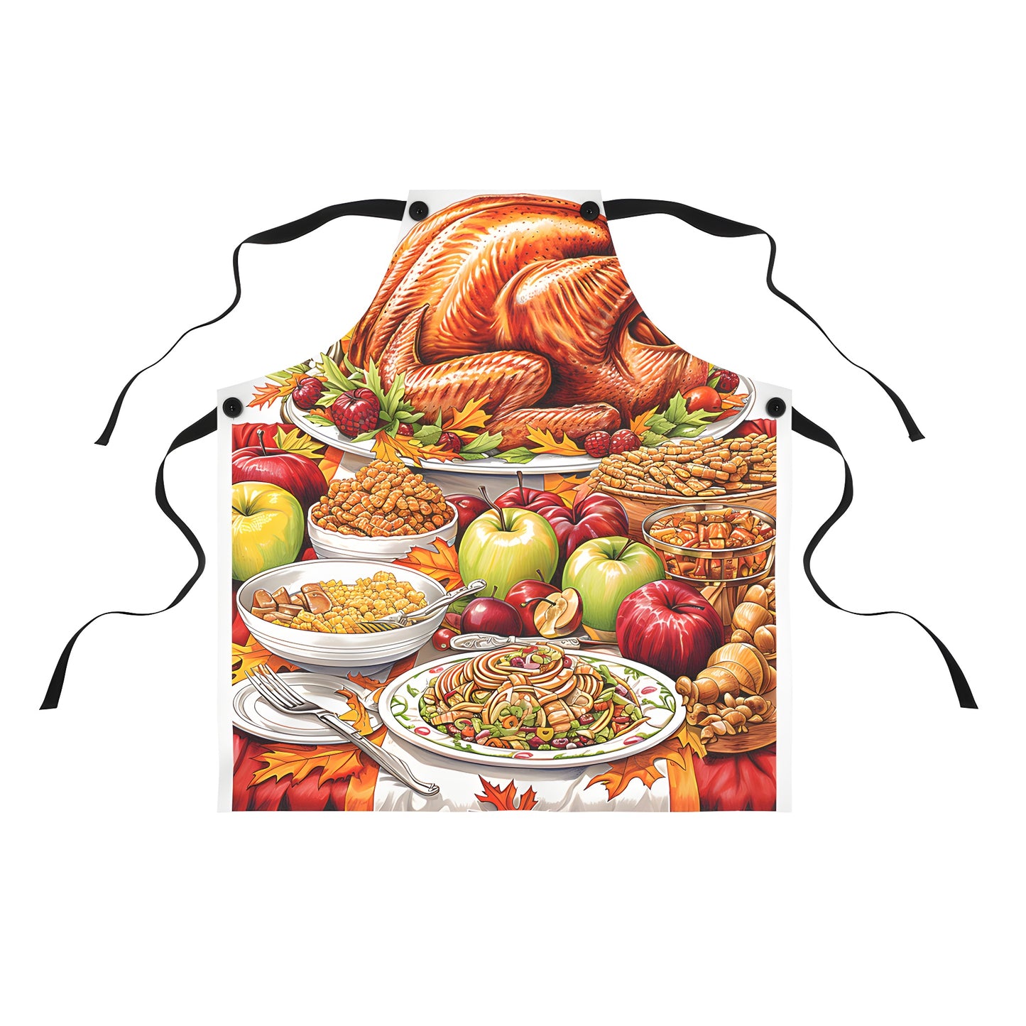 Colorful Thanksgiving dinner apron with vibrant designs of roasted turkey, fruits, vegetables, and fall elements