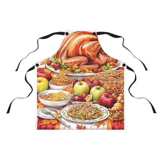 Colorful Thanksgiving dinner apron with vibrant designs of roasted turkey, fruits, vegetables, and fall elements