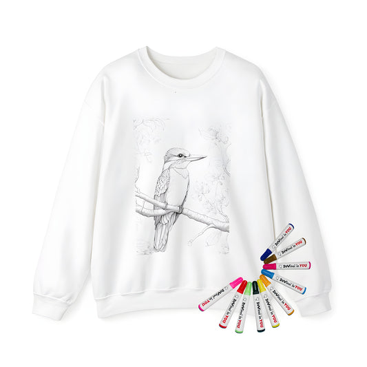 Adult sweatshirt with kingfisher design, featuring detailed line art of a bird perched on a branch surrounded by flowers