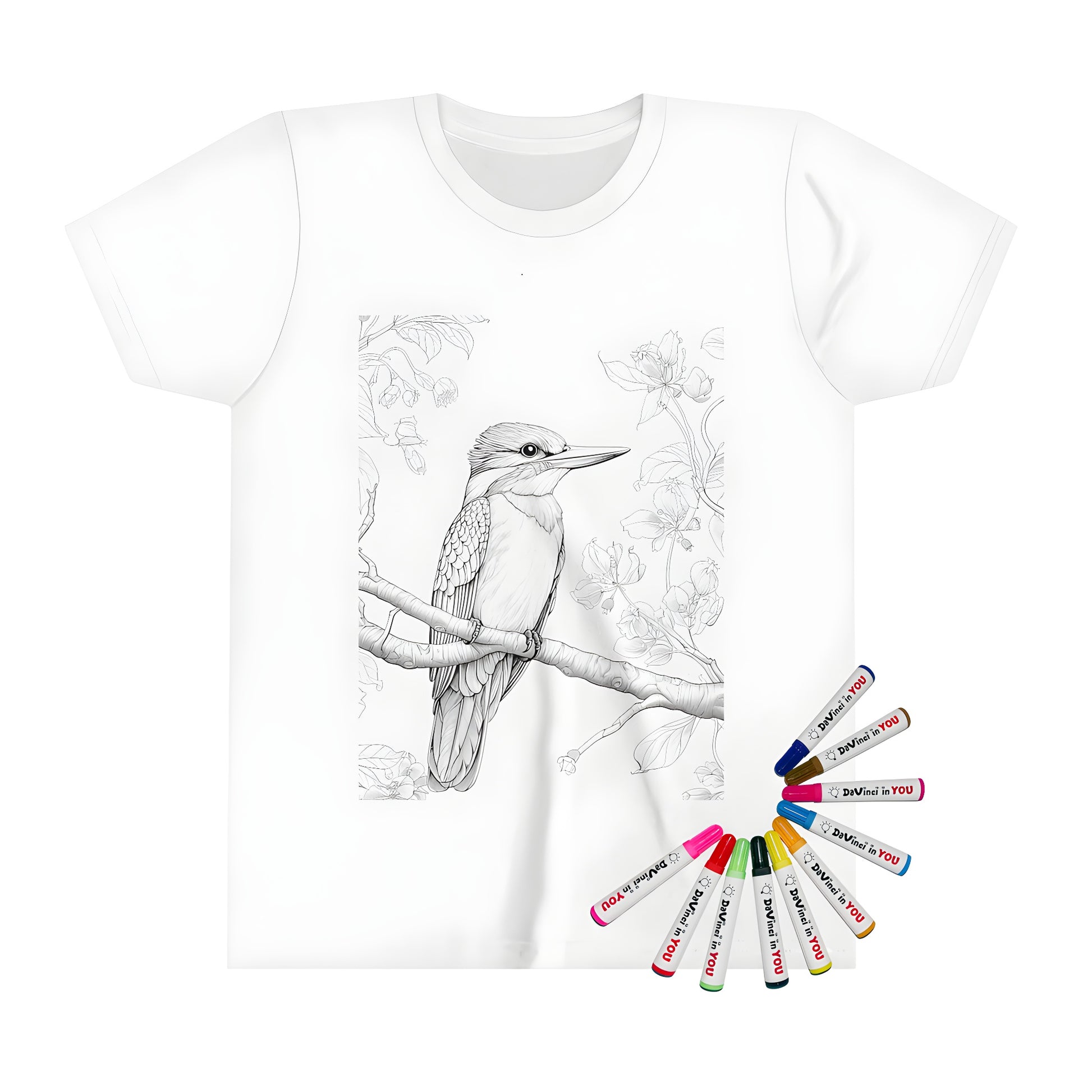 Kid's colorful T-shirt featuring detailed line art of a kingfisher perched on a branch with surrounding flowers