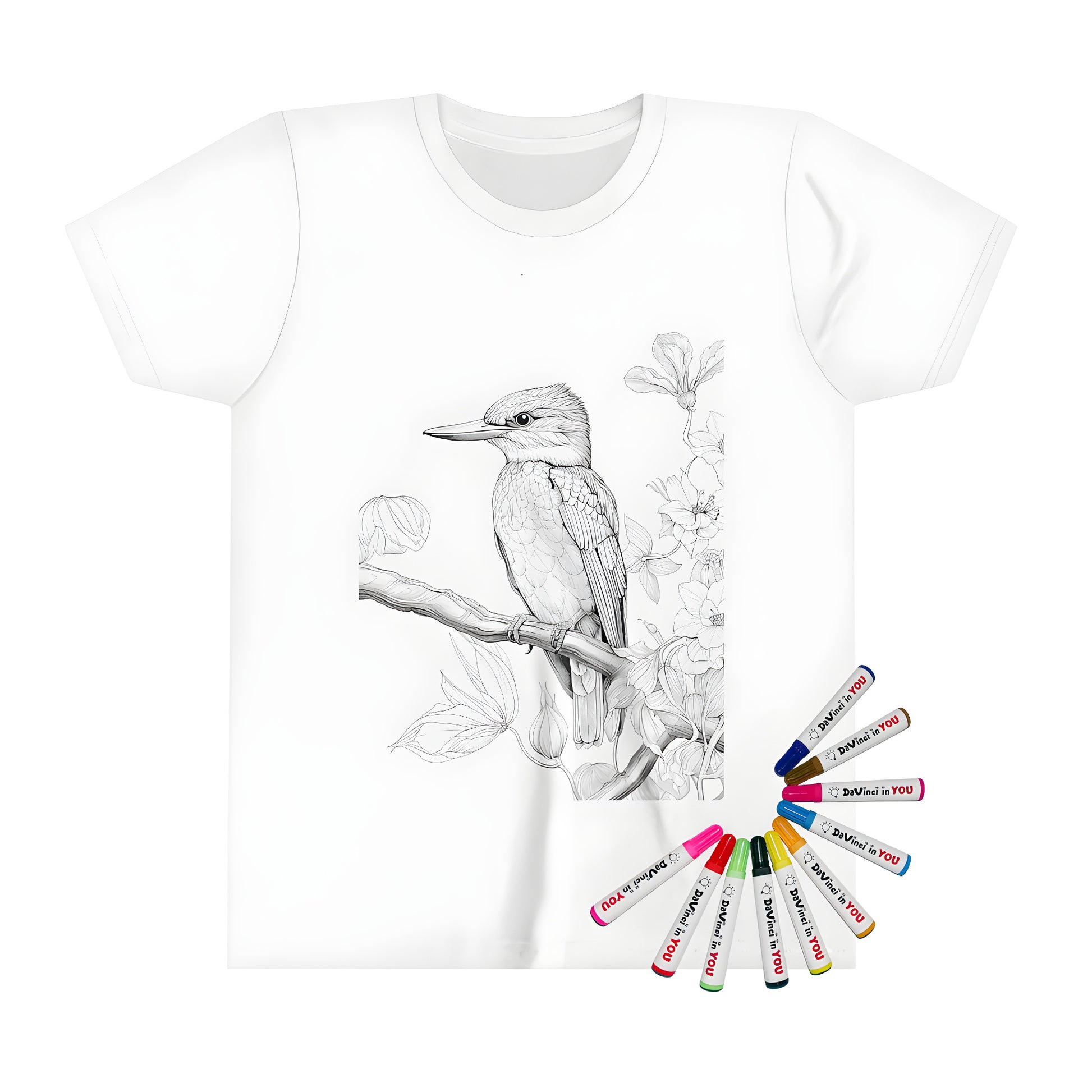 Kingfisher t-shirt for kids, black and white illustration of bird on branch, fun coloring page design