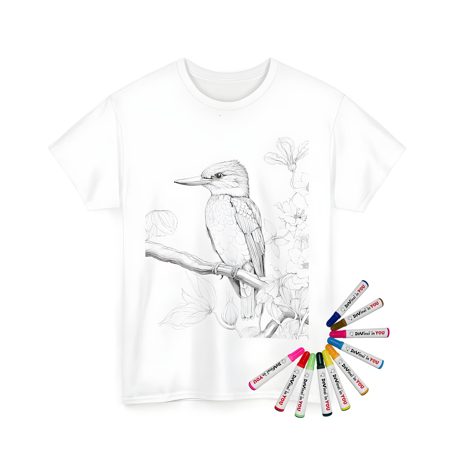 Unisex t-shirt featuring a detailed kingfisher illustration on branch with colorful flowers