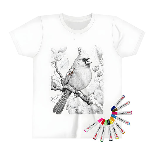 Realistic black and white illustration of a cardinal perched on a leafy branch kids t-shirt