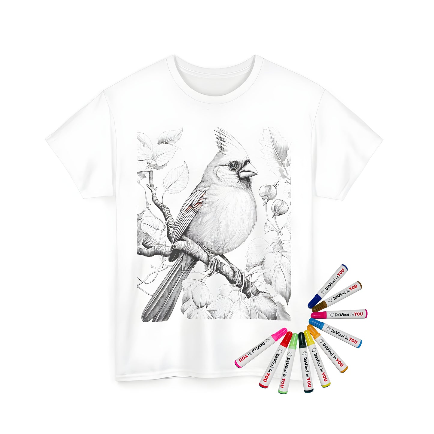 Coloring kit for unisex t-shirt featuring a cardinal bird perched on a leafy branch design