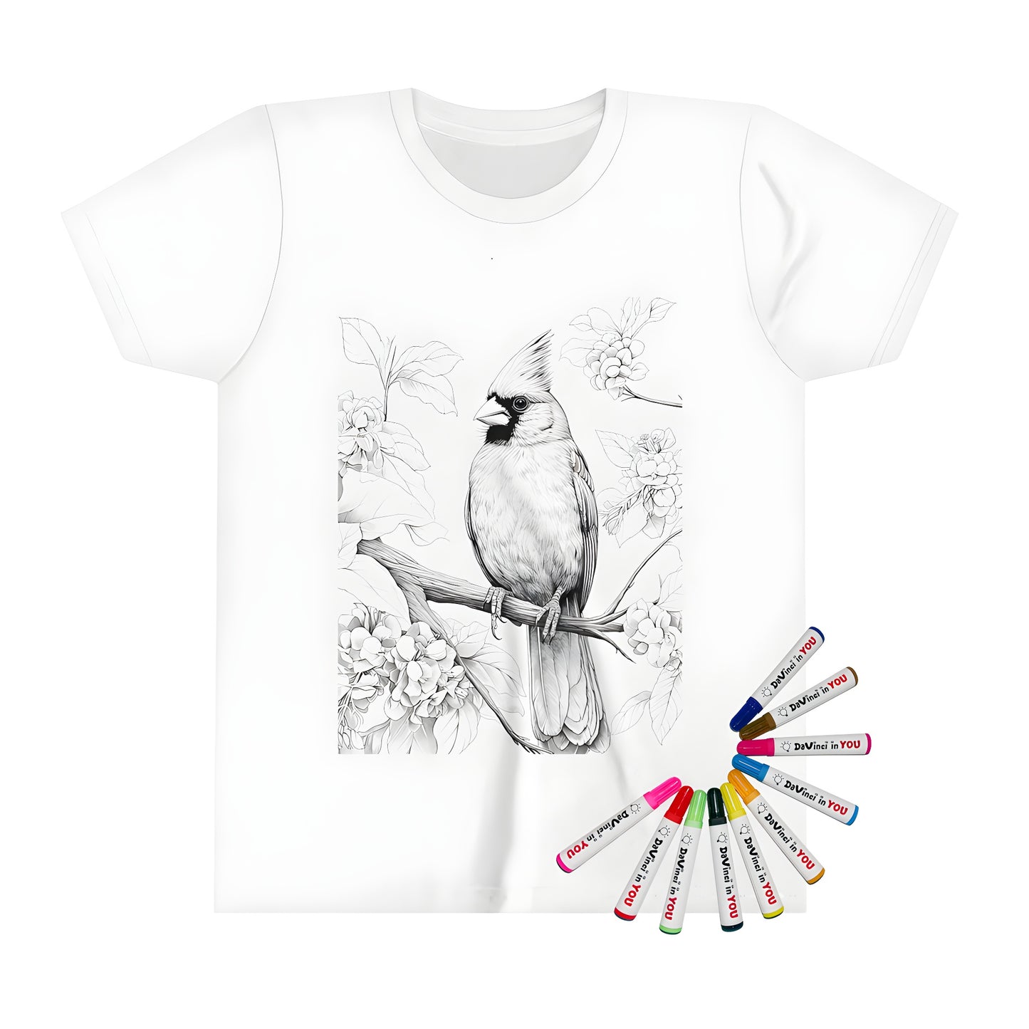 Colorful kid's t-shirt featuring a vibrant cardinal bird illustration with flowers