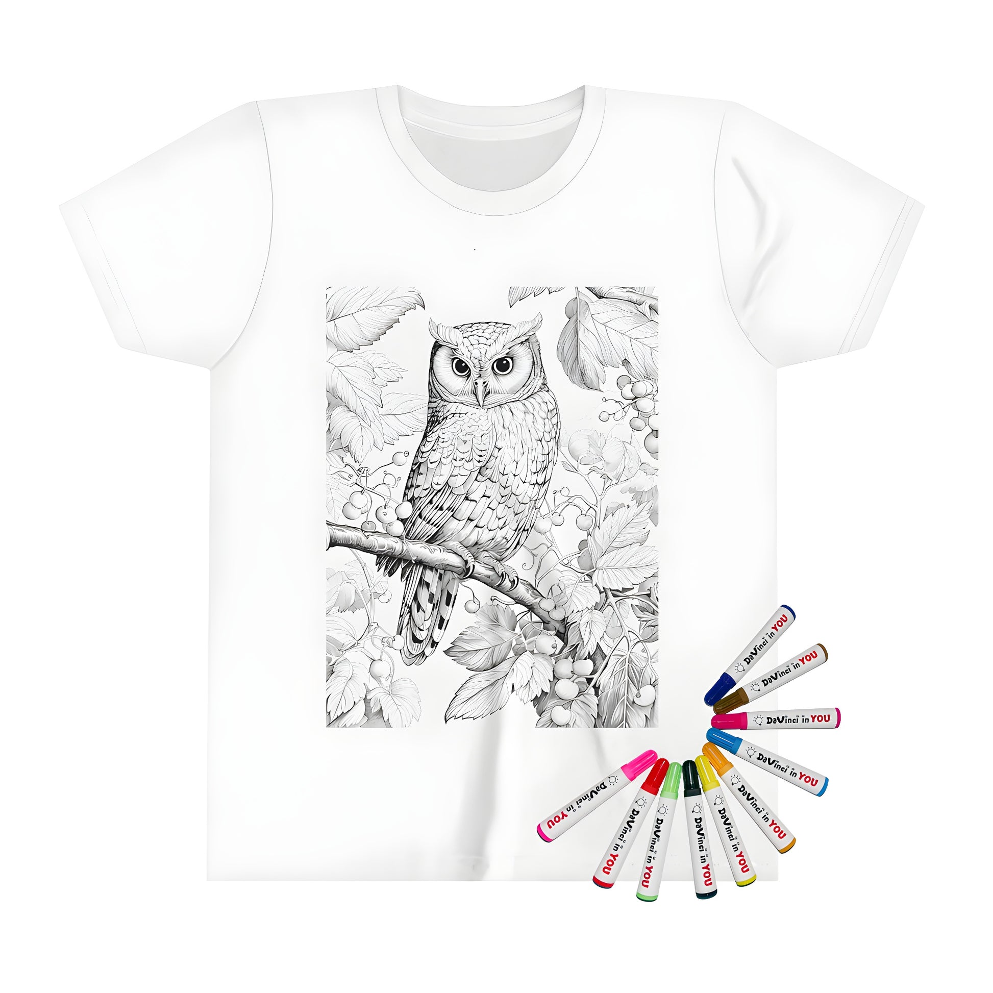 Coloring page design Kid's t-shirt featuring an owl perched on a branch surrounded by leaves and berries