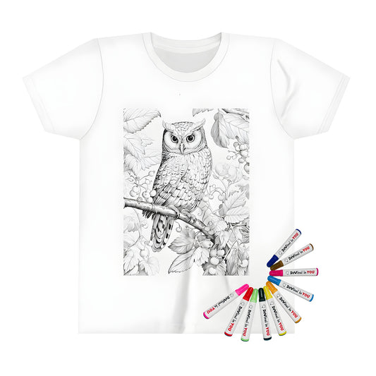 Coloring page design Kid's t-shirt featuring an owl perched on a branch surrounded by leaves and berries