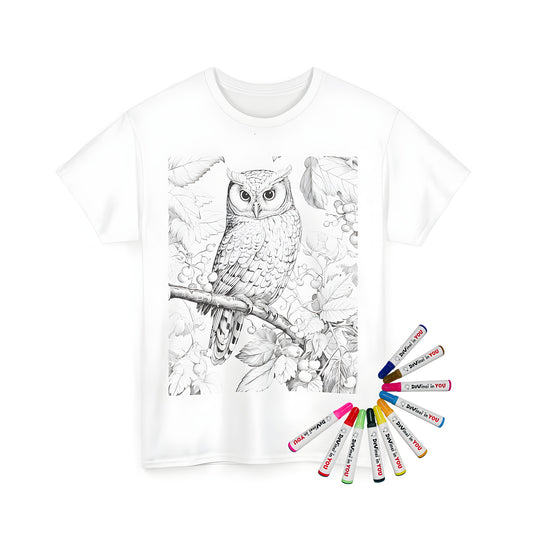 A detailed, high-quality image of a black and white owl perched on a branch surrounded by leaves and berries printed on a unisex t-shirt. Perfect for anyone who loves owls, bird enthusiasts, nature lovers, and fans of whimsical designs.