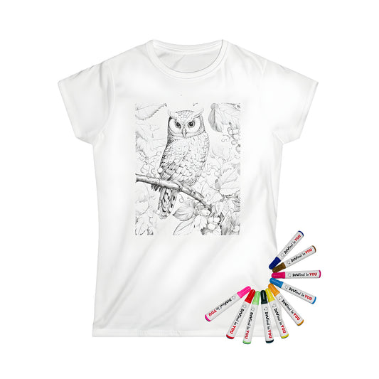 Women's T-shirt featuring a Detailed black and white owl drawing on a branch surrounded by leaves and berries, perfect for adult coloring. Includes 10 fabric markers.