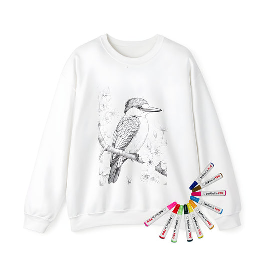 Adult sweatshirt with colorful kingfisher design and vibrant flowers on branch