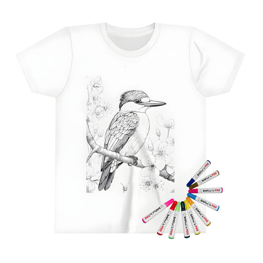 Coloring page design of kingfisher perched on branch with blooming flowers, printed on kid's t-shirt