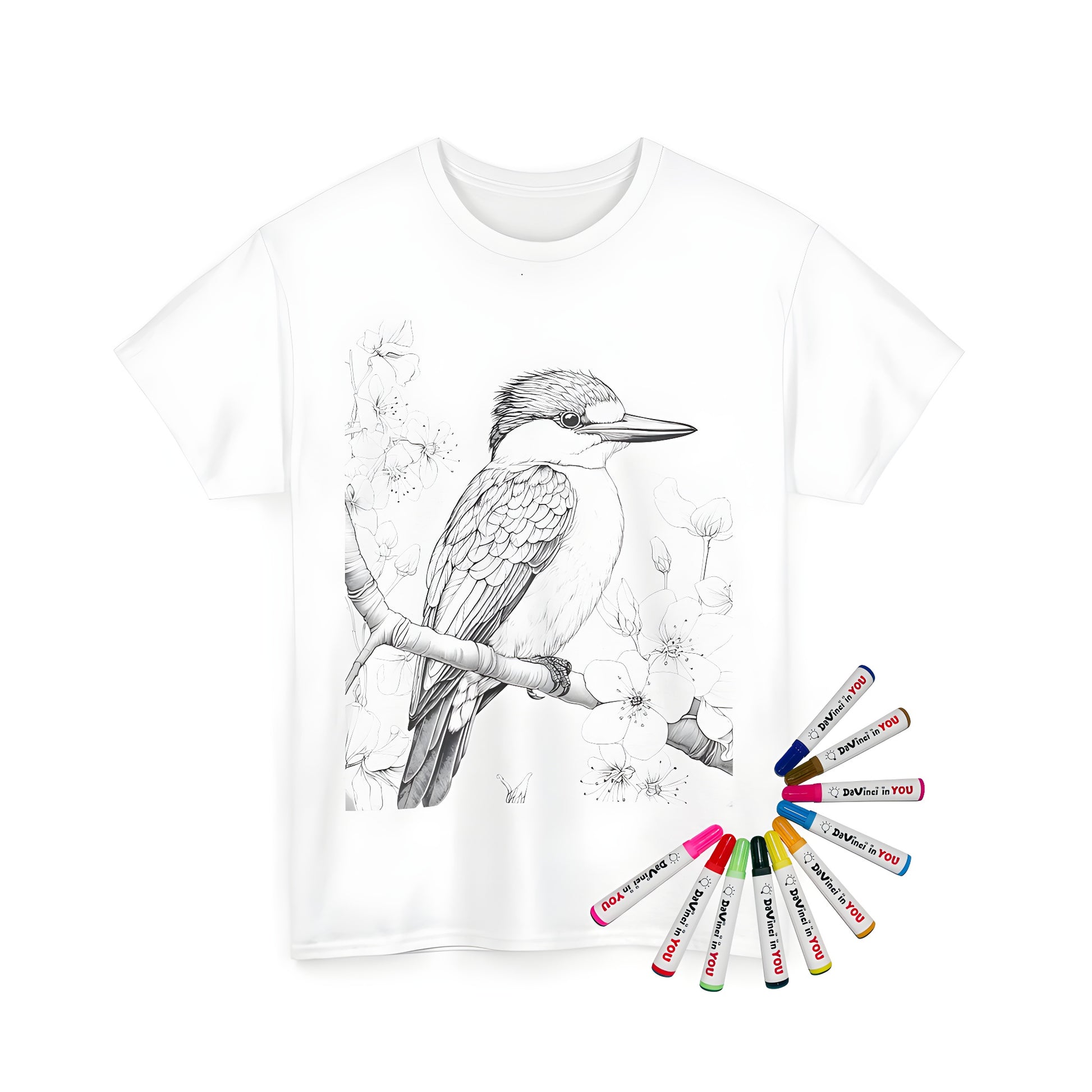 A vibrant Unisex T-shirt featuring a detailed kingfisher perched on a branch surrounded by blooming flowers, perfect for coloring and fun