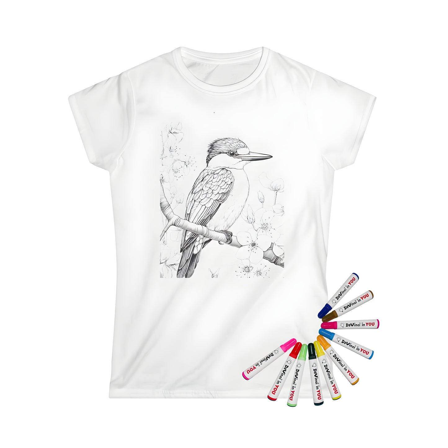 Women's T-shirt featuring a colorful kingfisher perched on a branch with vibrant flowers