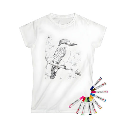 Women's T-shirt featuring a colorful kingfisher perched on a branch with vibrant flowers