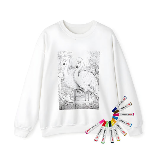 Adult sweatshirt featuring colorful flamingos design, jungle scene with vibrant fabric markers