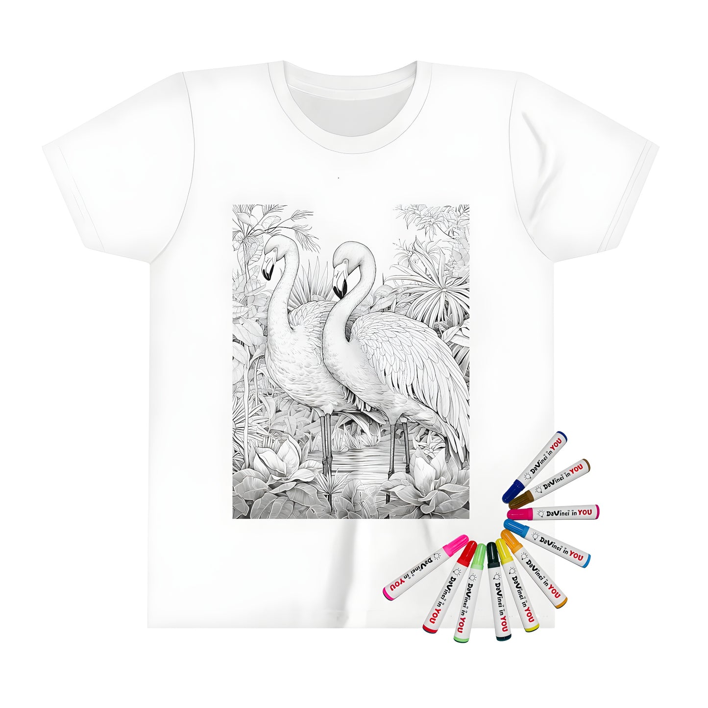 Kid's t-shirt featuring colorful flamingo flamingoes bird birds tropical jungle scene on front fabric - fun designs for kids