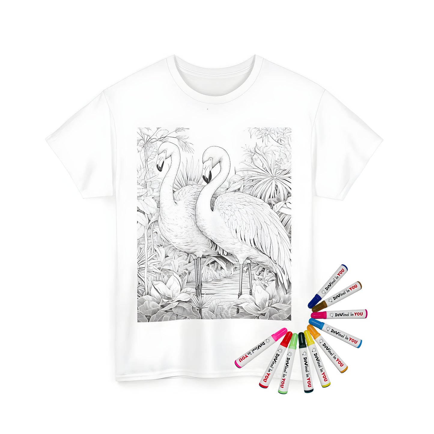 Two flamingos standing gracefully in a tropical jungle on a unisex t-shirt