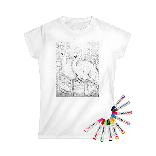 Women's t-shirt with colorful flamingo, bird design, tropical jungle scene, pink and green colors