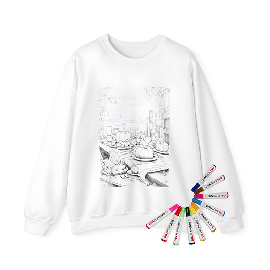 Adult coloring sweatshirt with vibrant outdoor harvest scene, featuring pumpkins, autumn leaves and a fall table setting