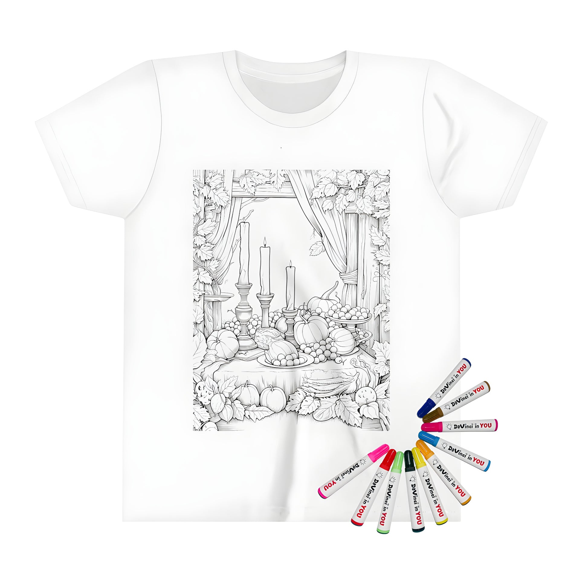 Coloring page t-shirt of harvest table setting on Thanksgiving