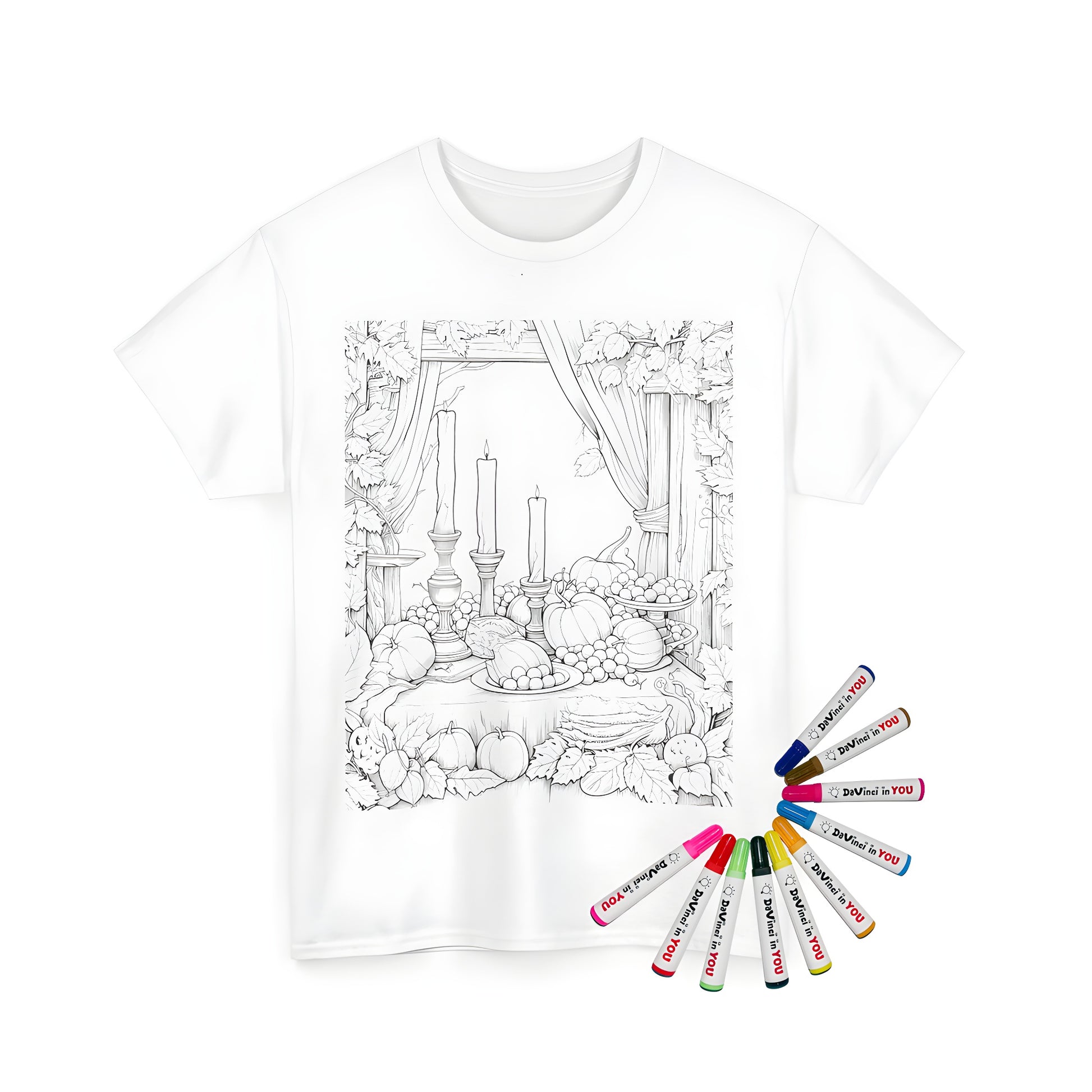 Autumn harvest coloring kit for kids on a unisex t-shirt featuring an autumnal table setting with candles, pumpkins, and fall leaves