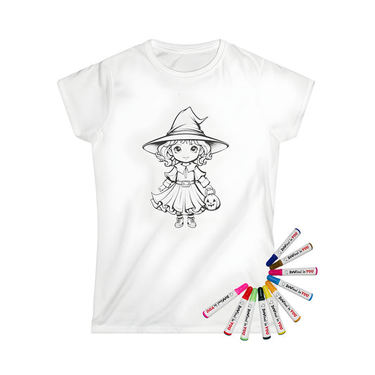 Women's t-shirt with cute witch design featuring black-and-white illustration of girl dressed as witch with pointed hat and jack-o'-lantern basket