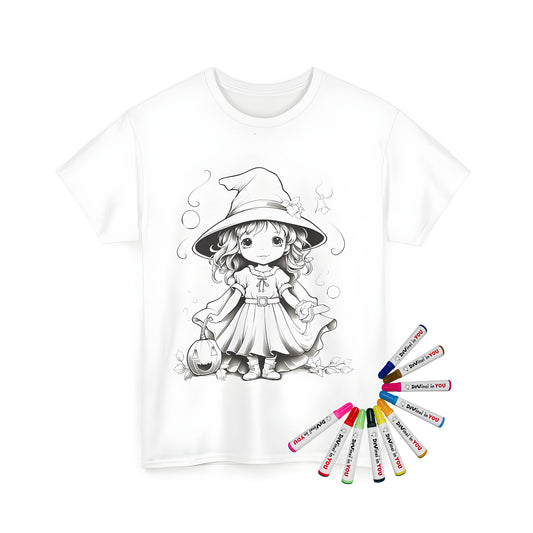 Colorful girl witch costume illustration on unisex t-shirt