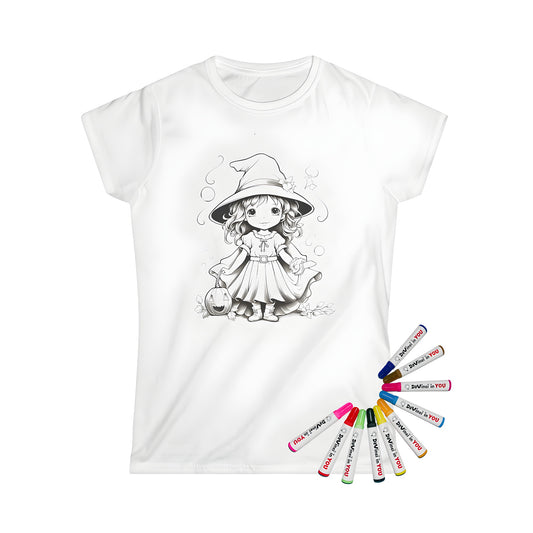 Women's T-shirt with whimsical witch costume design and pumpkin Jack-o'-lantern