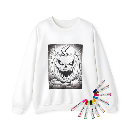 Adult Halloween sweatshirt with a spooky pumpkin design featuring an evil face surrounded by cracks and mountains, perfect for fall or autumn seasons