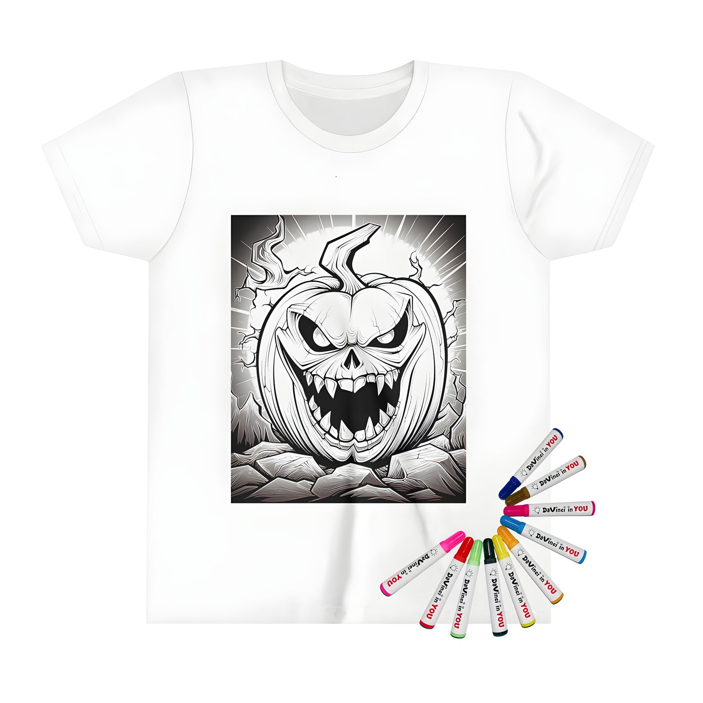 Kids Halloween themed coloring t-shirt with spooky pumpkin design