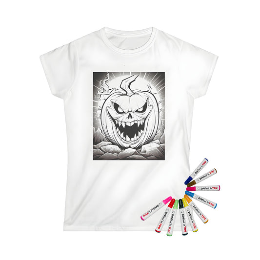 Women's t-shirt with spooky pumpkin design, Halloween-themed, evil face, cracks, mountains