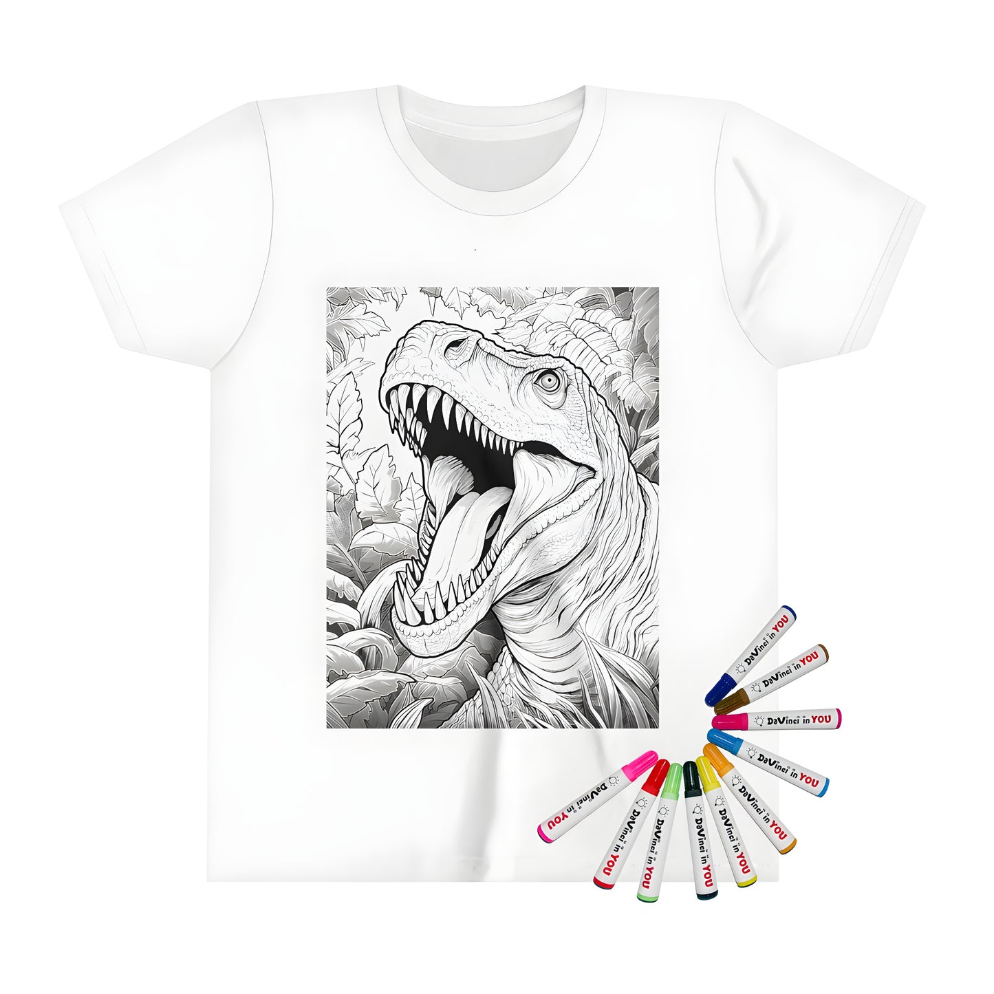 Colorful kid's t-shirt featuring a detailed illustration of a T-Rex dinosaur surrounded by jungle foliage. Includes fabric markers for creative expression.