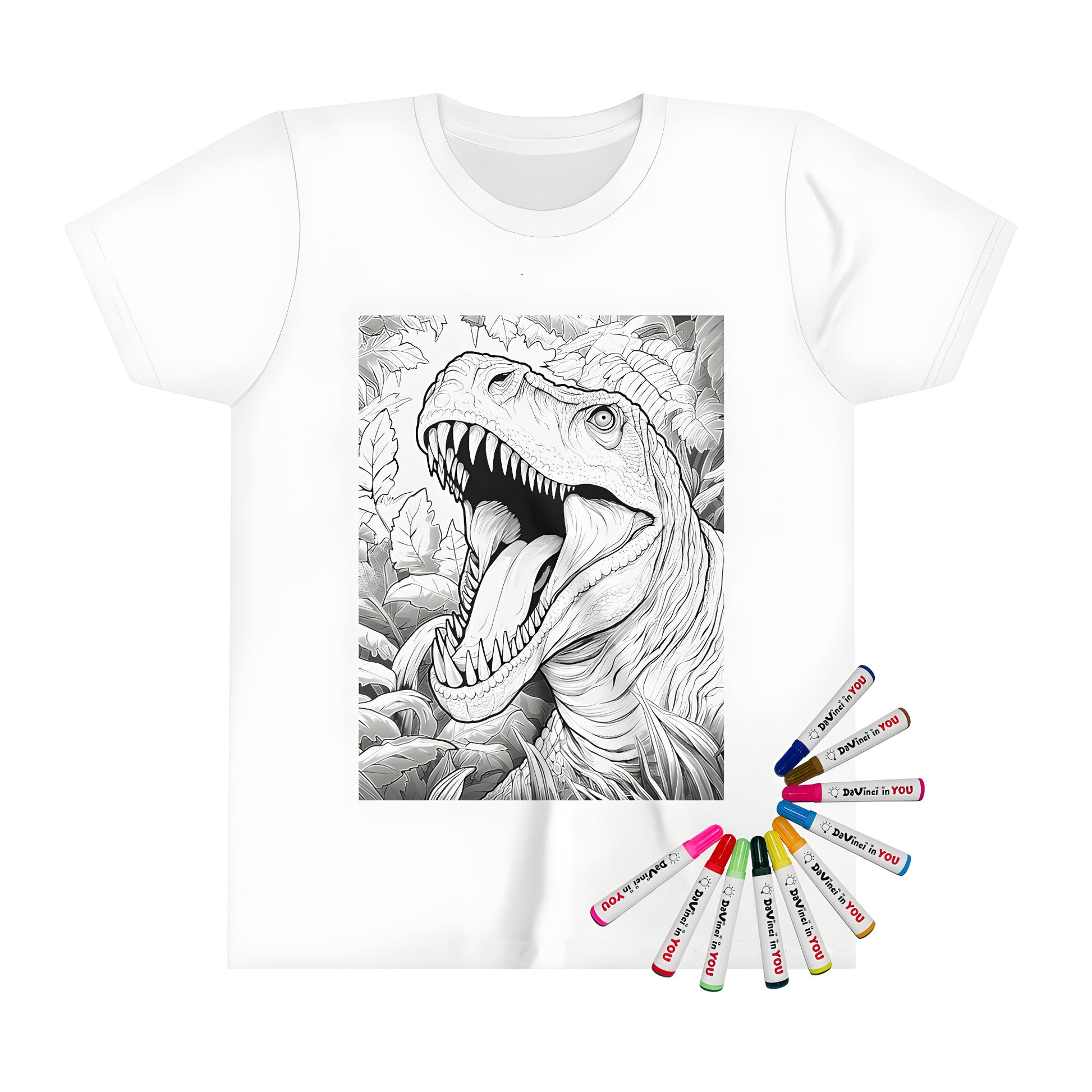 Colorful kid's t-shirt featuring a detailed illustration of a T-Rex dinosaur surrounded by jungle foliage. Includes fabric markers for creative expression.