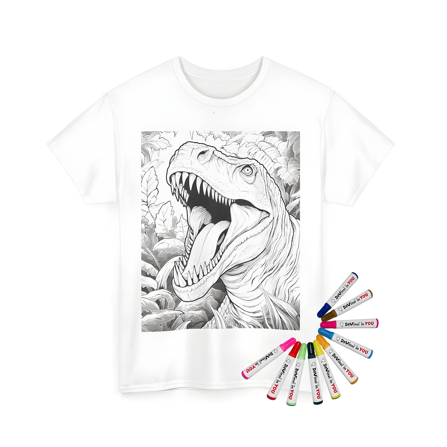 A detailed, black and white illustration of a roaring prehistoric dinosaur, Tyrannosaurus Rex, surrounded by leafy jungle plants on a Unisex T-shirt. Perfect for color-in fun!