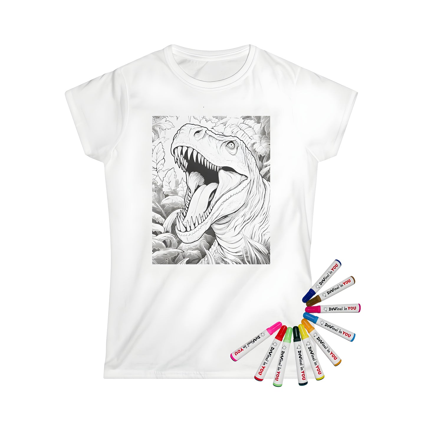 A detailed illustration of a fierce dinosaur on a colorful women's t-shirt, surrounded by lush greenery for a fun and quirky design