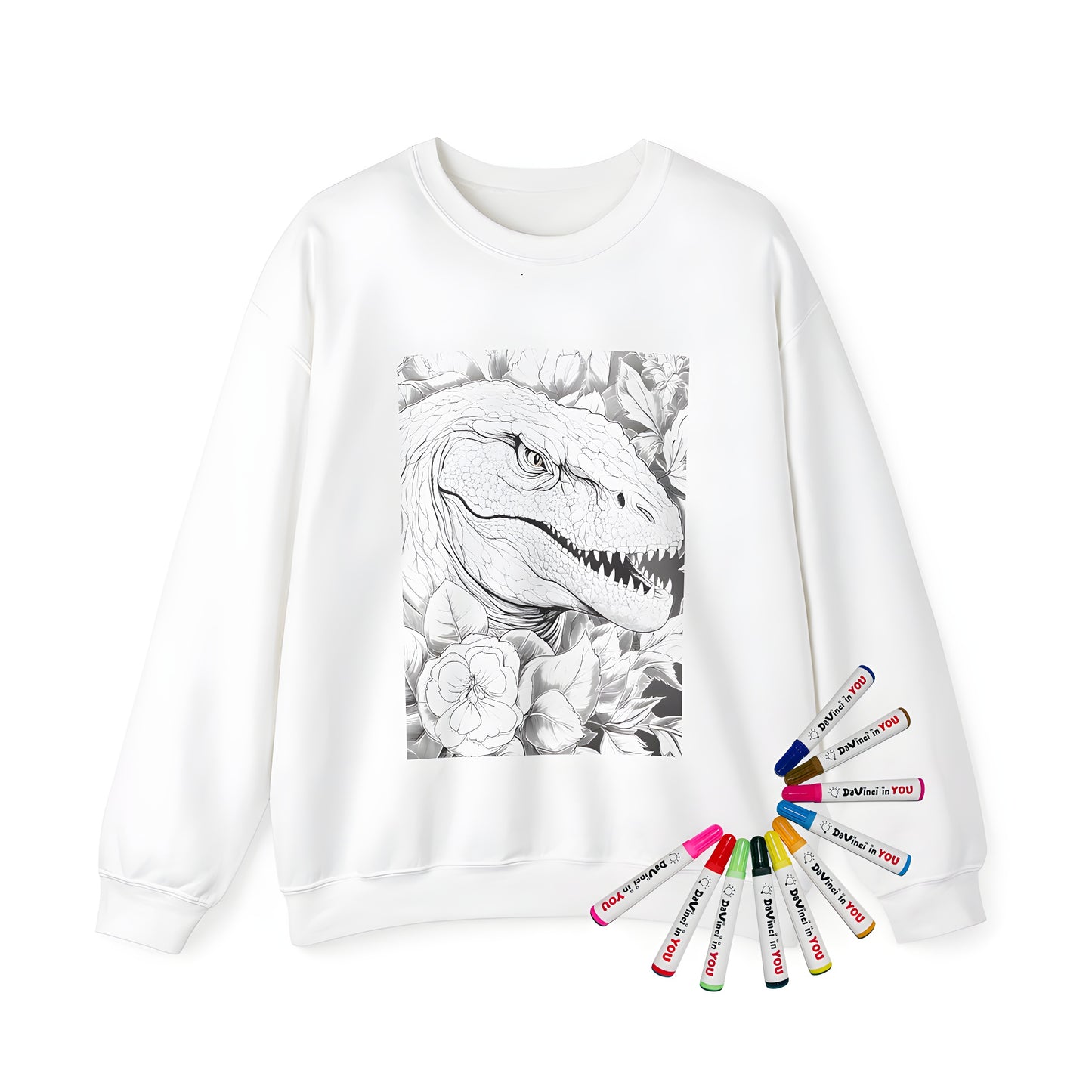 Adult sweatshirt featuring a T-Rex and floral design, perfect for dinosaur and flower lovers