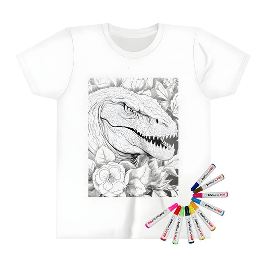 Coloring kids t-shirt with dinosaur illustration, fun art design for boys, cute cartoon picture of T-Rex, colorful flower drawing