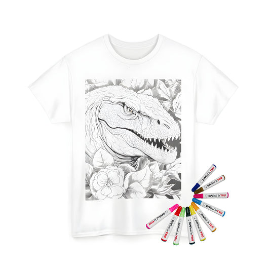 Coloring kit on unisex t-shirt featuring a dino illustration of a prehistoric T-Rex surrounded by blooming flowers, leaves, and intricate scales