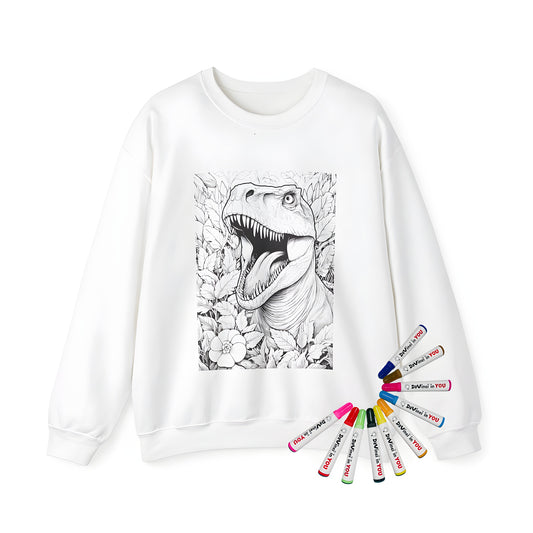 Adult sweatshirt featuring a detailed T-Rex design with jungle foliage, great for adult coloring fans and dinosaur enthusiasts.