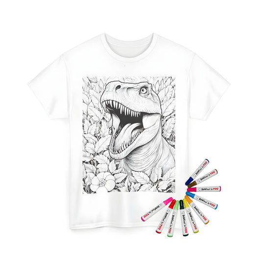 Unisex T-shirt featuring a colorful drawing of a roaring T-Rex or Dinosaur on a black background surrounded by jungle foliage