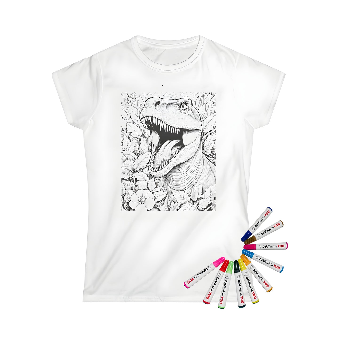 Women's T-shirt with coloring kit featuring a prehistoric Apatosaur, Stegosaurus or Velociraptor dinosaur illustration