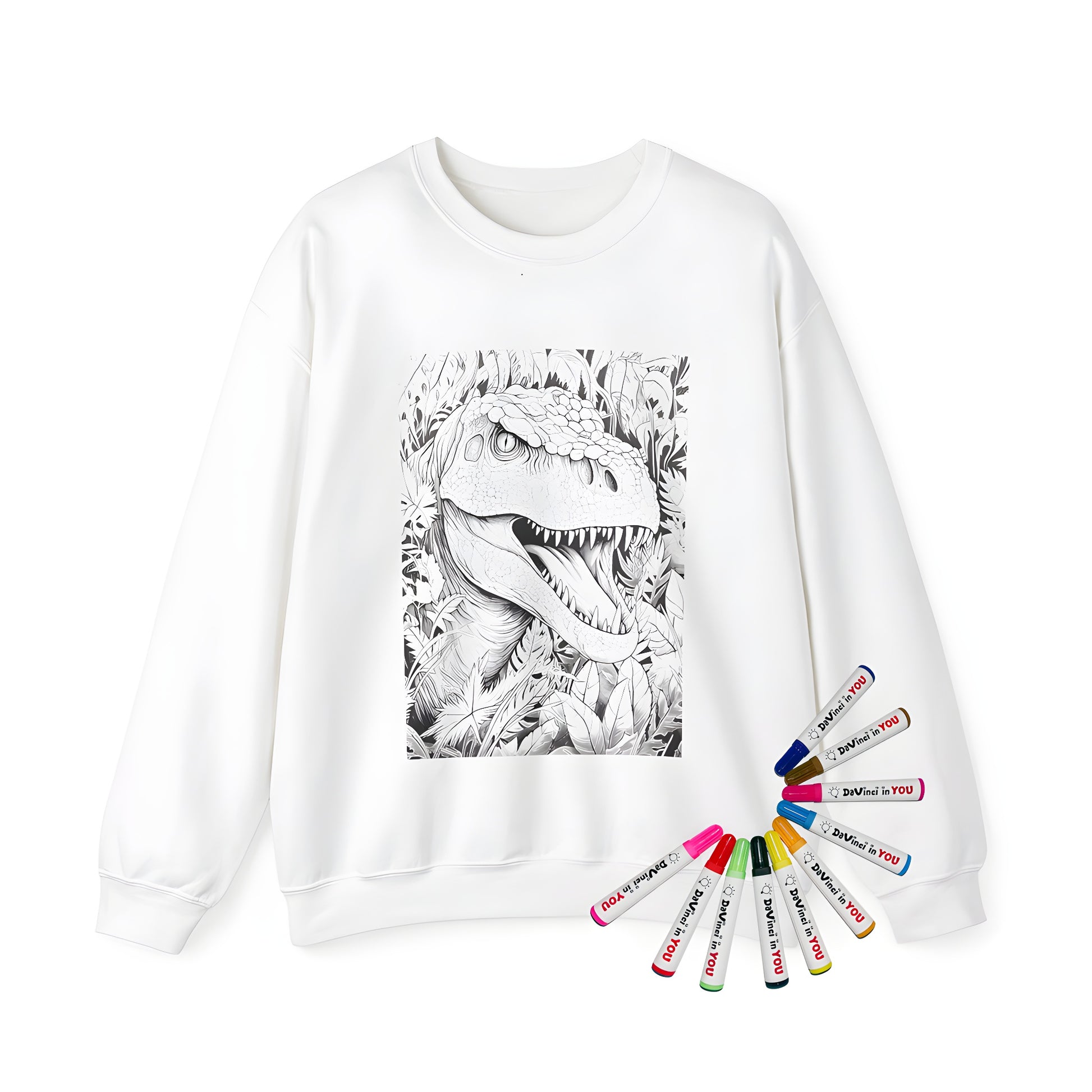 Adult sweatshirt featuring a T-Rex coloring page design, detailed jungle leaves, and bold fabric markers.