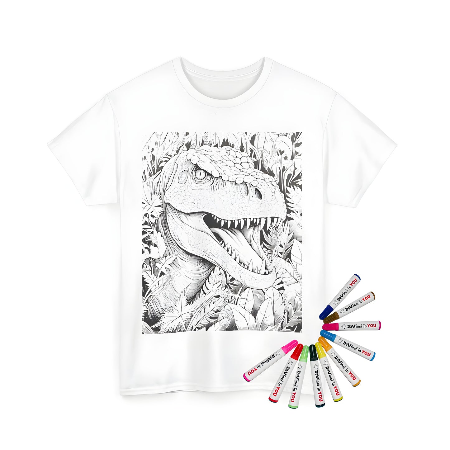 Tyrannosaurus Rex head illustration on unisex t-shirt with jungle leaves and 10 fabric markers