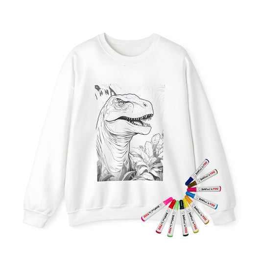 Adult sweatshirt featuring a detailed illustration of a fierce Tyrannosaurus Rex and jungle plants for coloring enthusiasts