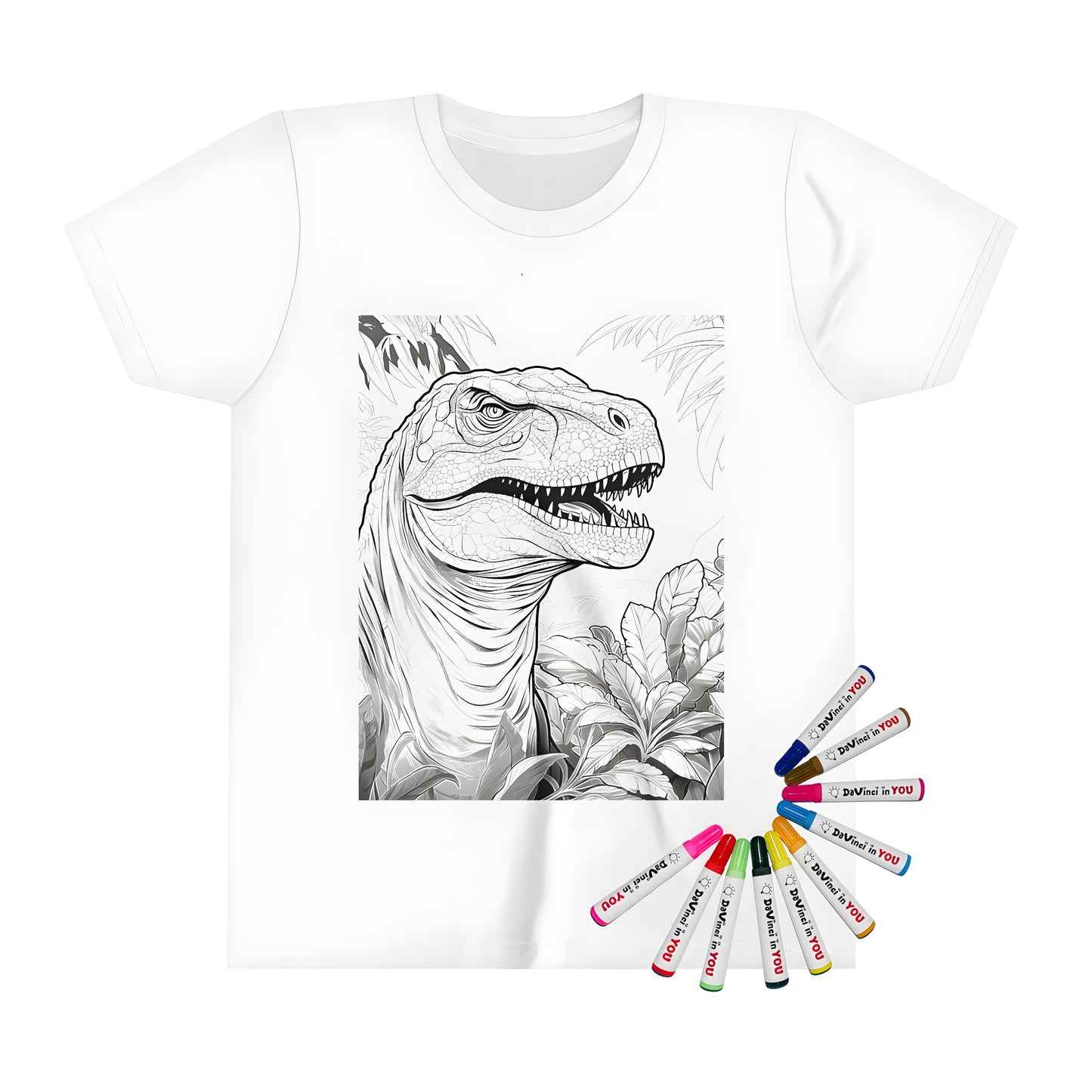 Kid's t-shirt featuring a fun dinosaur design with dinosaurs and jungle plants for kids to color