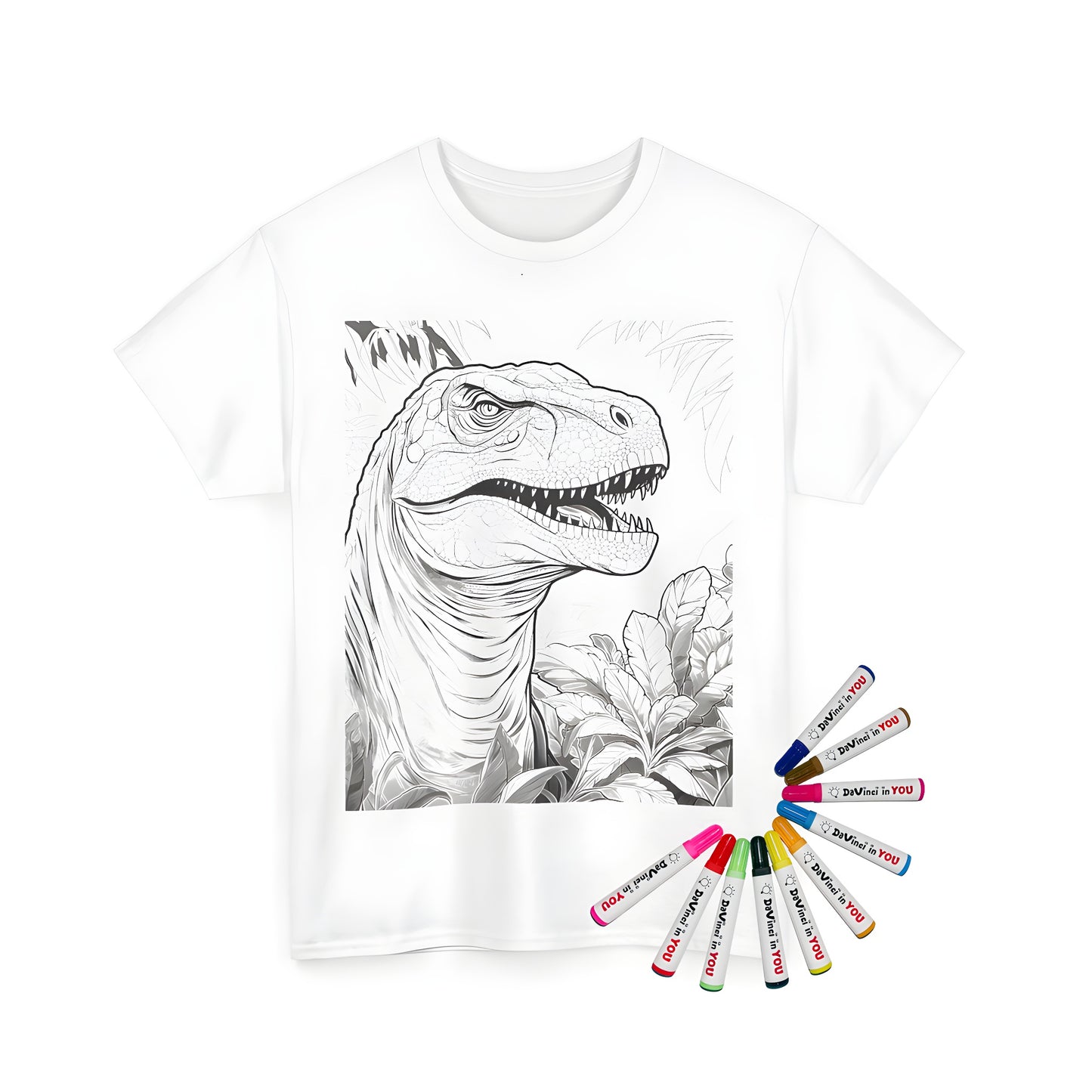 Coloring kit with dinosaur picture on unisex tee