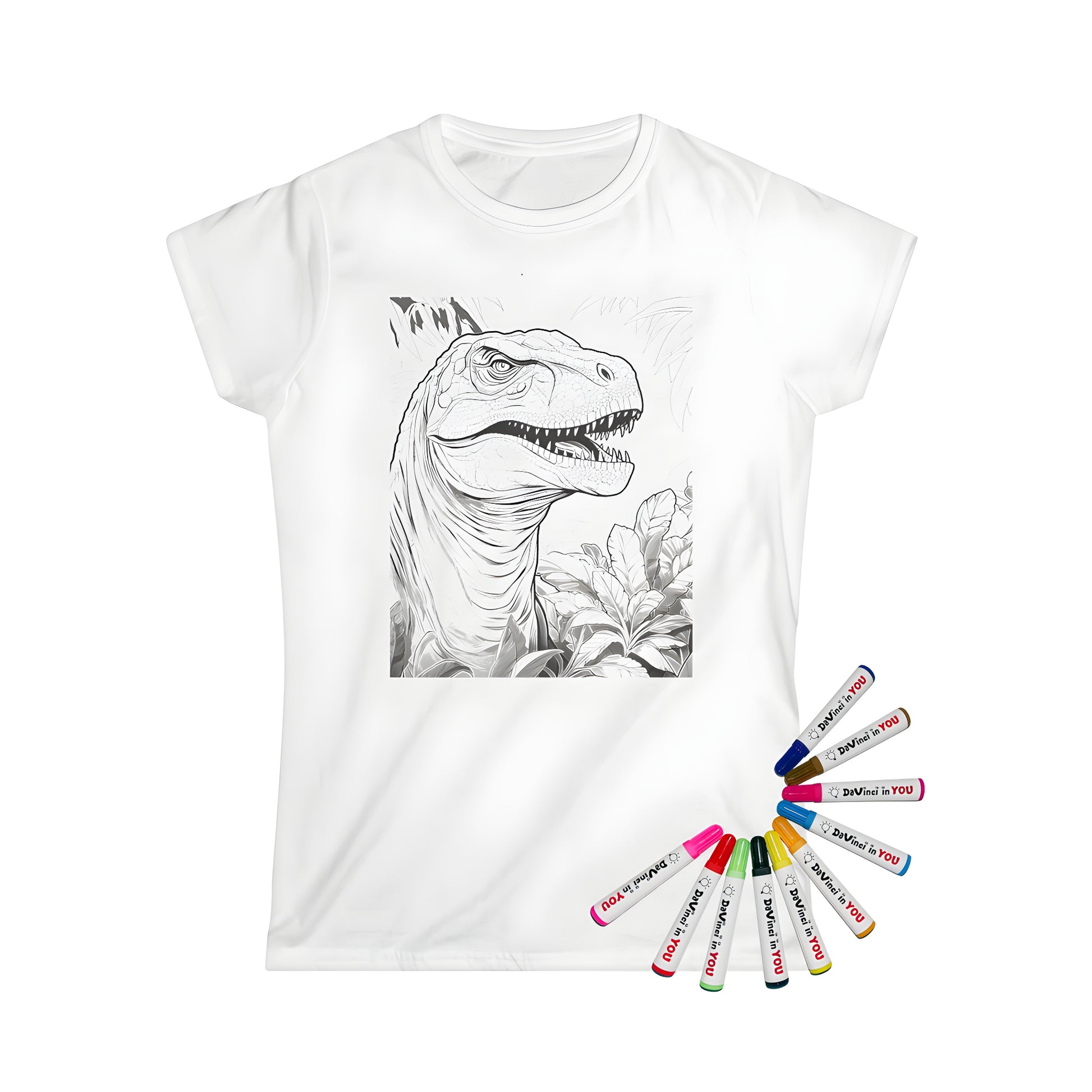 Women's t-shirt with colorful illustration of prehistoric T-Rex and jungle plants