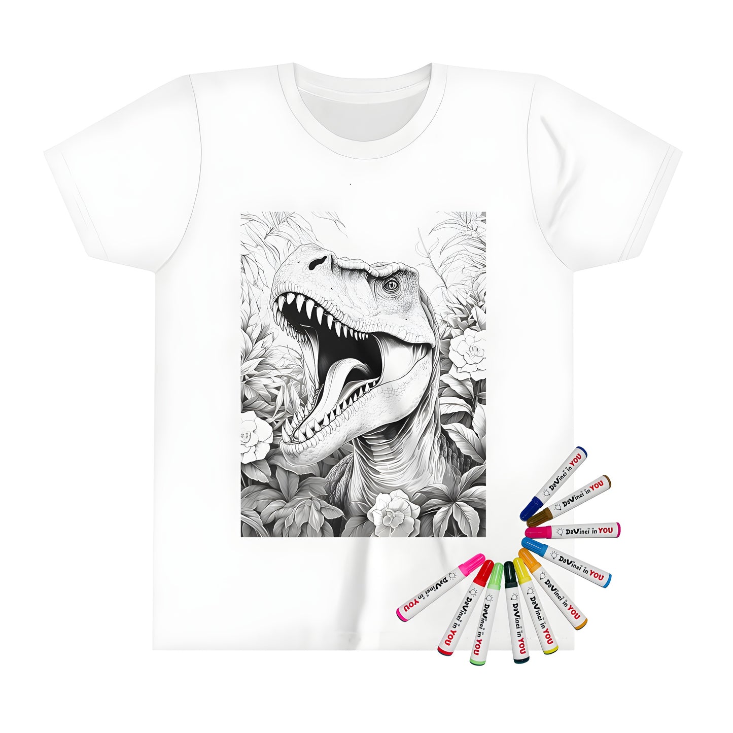 Detailed illustration of a mighty dino on a kid's tee shirt